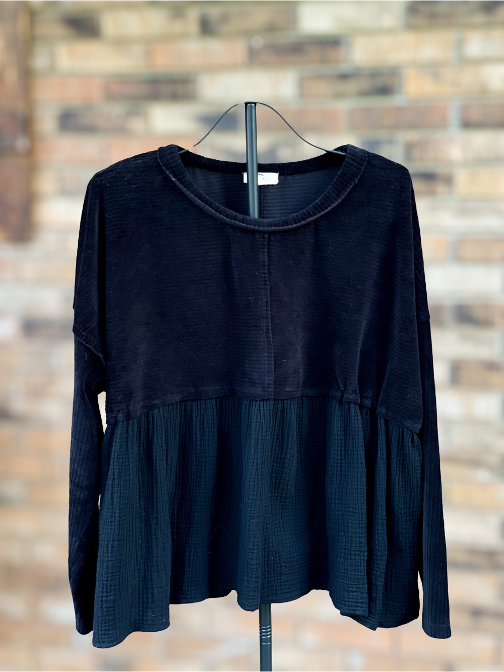Entro Black Mixed Texture Gauze Babydoll Top Large